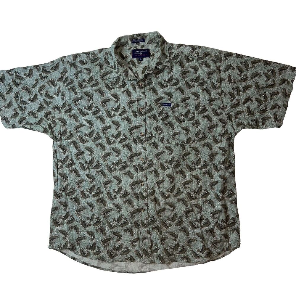 Coleman Shirt Mens XL Button Up Pocket Short Sleeves Fish Print Green